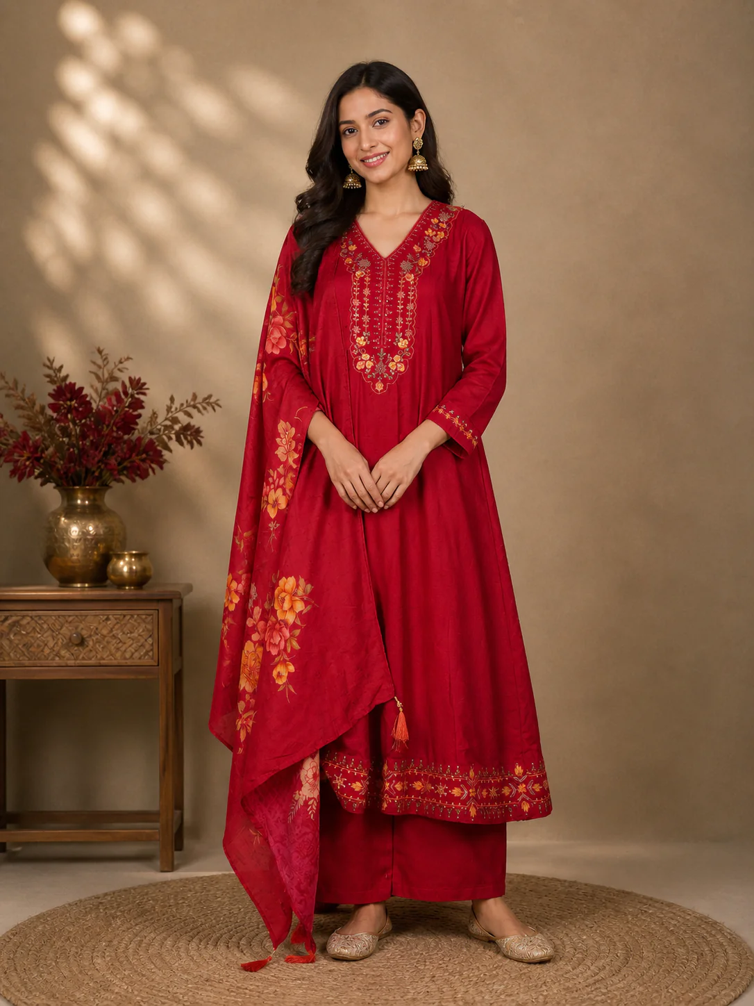 Red Embroidered designed Crepe Anarkali Salwar Suit